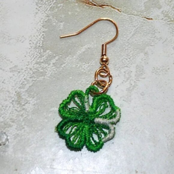 HANDMADE Earrings Shamrock Embroidered Lace Pierced St. Patrick's Day Green - Picture 3 of 9